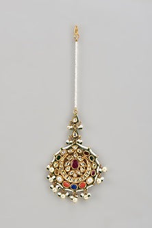 Gold Finish Kundan Polki & Navratna Stone Maangtikka