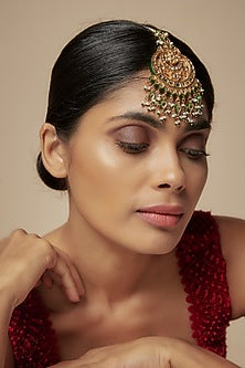 Gold Finish Kundan Polki & Green Beaded Enameled Maangtikka