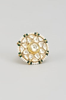Gold Finish Kundan Polki & Green Beaded Ring