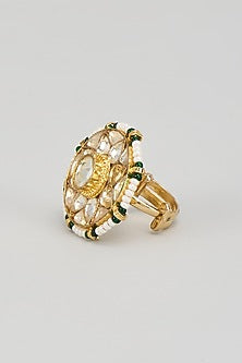 Gold Finish Kundan Polki & Green Beaded Ring
