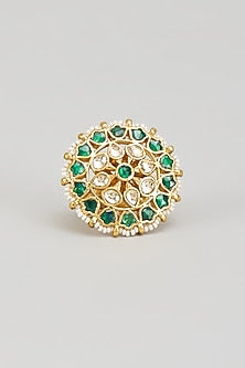 Gold Finish Kundan Polki & Green Beaded Ring