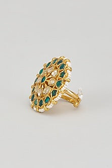Gold Finish Kundan Polki & Green Beaded Ring