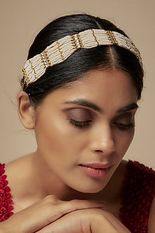 Gold Finish Kundan Polki & White Beaded Mathapatti