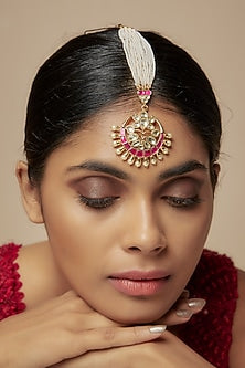 Gold Finish Kundan Polki & Pink Beaded Maangtikka