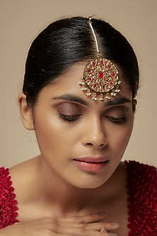 Gold Finish Kundan Polki & Red Stone Maangtikka