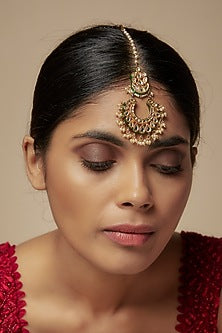 Gold Finish Kundan Polki Green Enameled Maangtikka
