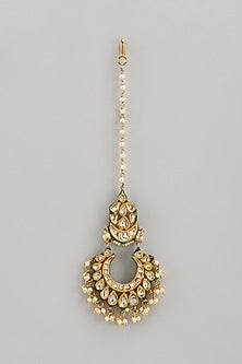 Gold Finish Kundan Polki Green Enameled Maangtikka
