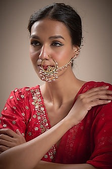 Gold Finish Kundan Polki & Red Beaded Nath