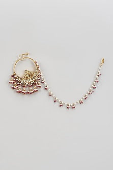 Gold Finish Kundan Polki & Red Beaded Nath