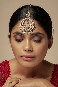 Gold Finish Kundan Polki & Green Beaded Maangtikka