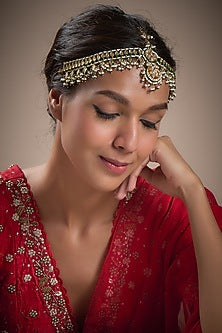 Gold Finish Kundan Polki & Green Beaded Mathapatti