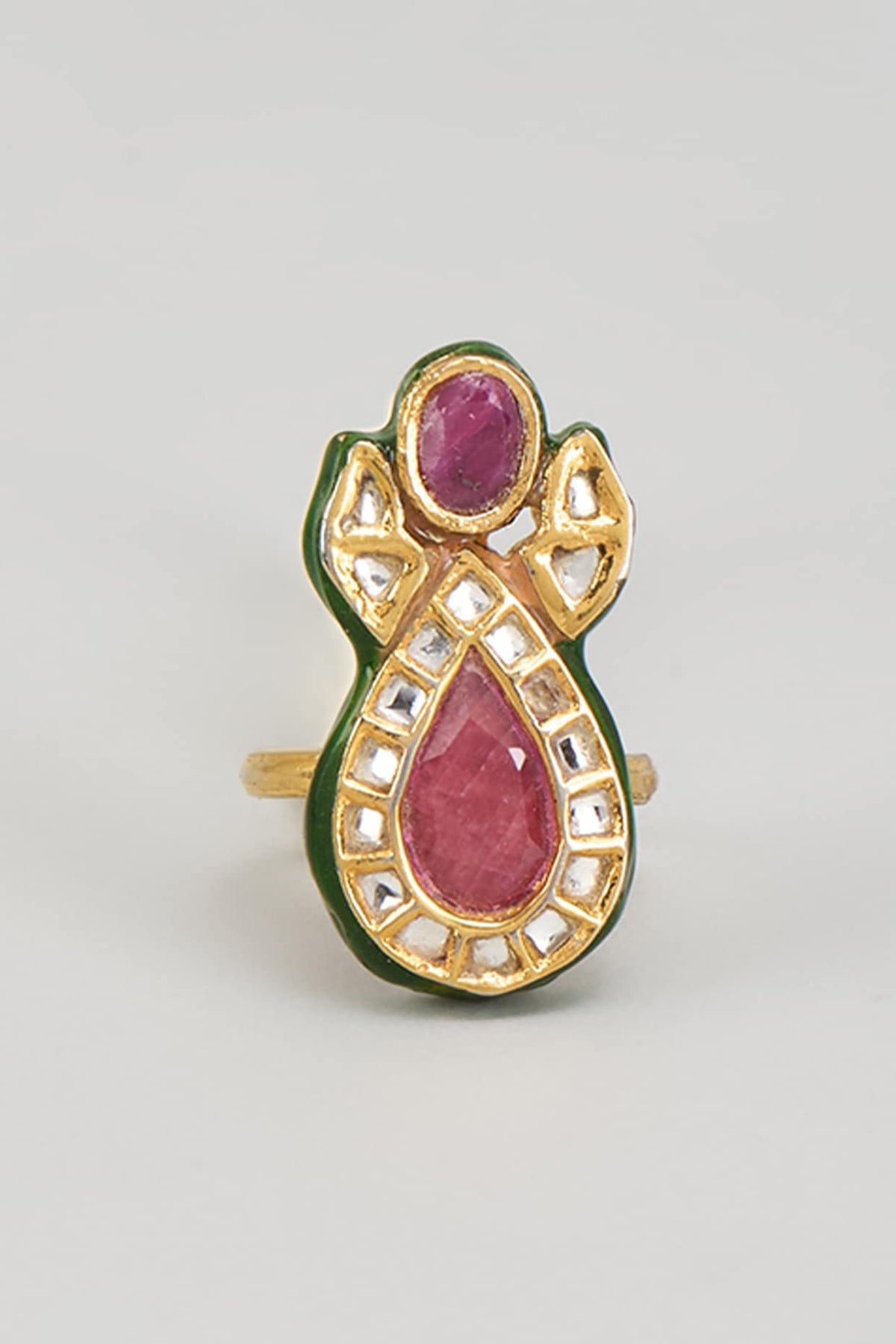 Gold Finish Kundan Polki & Red Onyx Enameled Ring