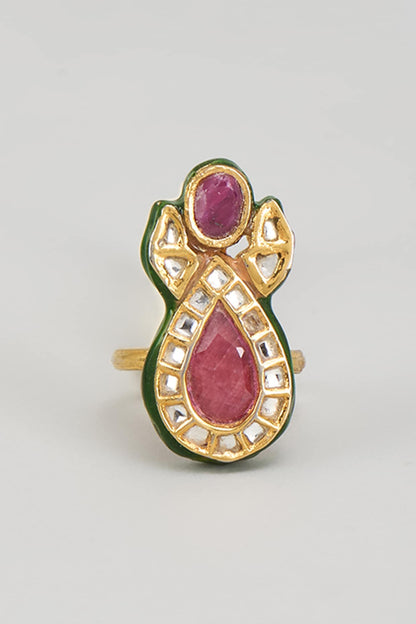 Gold Finish Kundan Polki & Red Onyx Enameled Ring