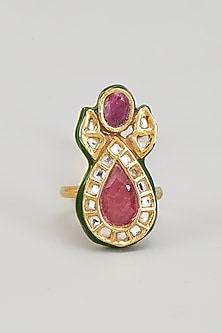 Gold Finish Kundan Polki & Red Onyx Enameled Ring