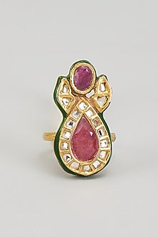 Gold Finish Kundan Polki & Red Onyx Enameled Ring