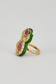 Gold Finish Kundan Polki & Red Onyx Enameled Ring