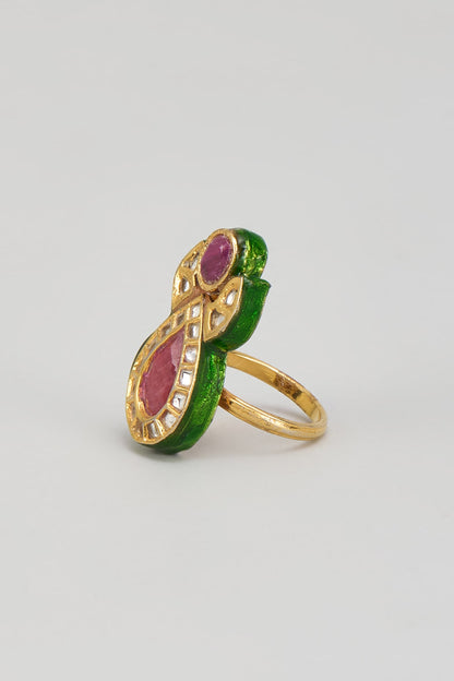 Gold Finish Kundan Polki & Red Onyx Enameled Ring