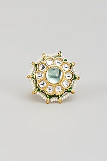 Gold Finish Kundan Polki & Green Beaded Enameled Ring