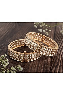 Gold Finish Kundan Polki & White Stone Floral Bangles (Set Of 2)