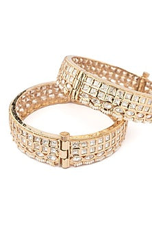 Gold Finish Kundan Polki & White Stone Floral Bangles (Set Of 2)