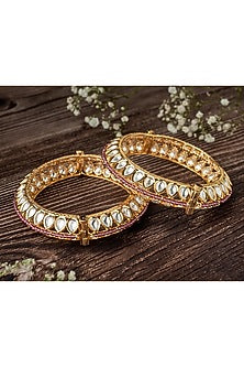 Gold Finish Kundan Polki & White Stone Floral Bangles (Set Of 2)
