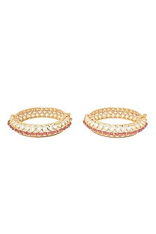 Gold Finish Kundan Polki & White Stone Floral Bangles (Set Of 2)