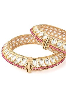 Gold Finish Kundan Polki & White Stone Floral Bangles (Set Of 2)