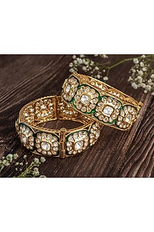 Gold Finish Kundan Polki & White Stone Green Enameled Bangles (Set Of 2)