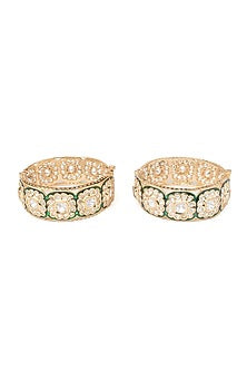 Gold Finish Kundan Polki & White Stone Green Enameled Bangles (Set Of 2)