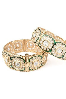 Gold Finish Kundan Polki & White Stone Green Enameled Bangles (Set Of 2)