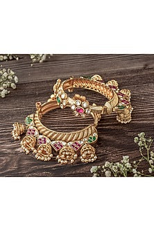 Gold Finish Pink & Green Stone Temple Floral Bangles (Set Of 2)