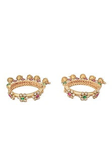 Gold Finish Pink & Green Stone Temple Floral Bangles (Set Of 2)