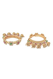 Gold Finish Pink & Green Stone Temple Floral Bangles (Set Of 2)