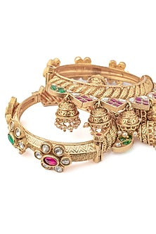 Gold Finish Pink & Green Stone Temple Floral Bangles (Set Of 2)