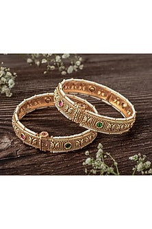 Gold Finish Pink & Green Stone Beaded Bangles (Set Of 2)