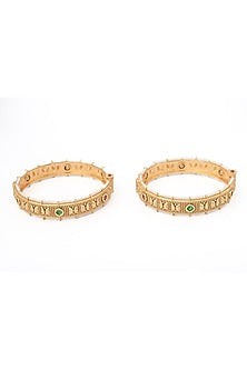 Gold Finish Pink & Green Stone Beaded Bangles (Set Of 2)