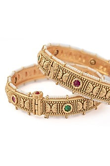 Gold Finish Pink & Green Stone Beaded Bangles (Set Of 2)