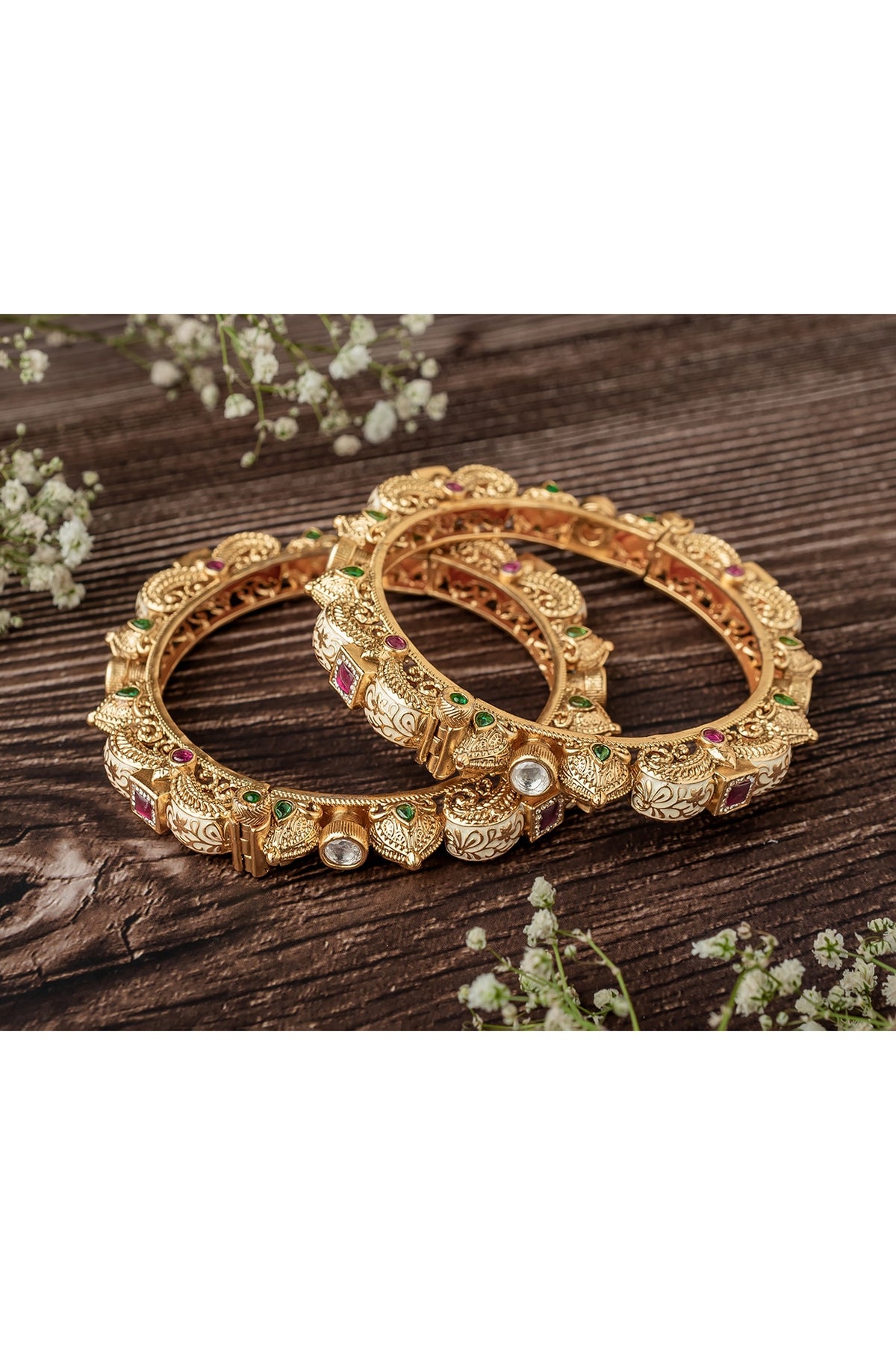 Gold Finish Multi-Colored-Stone Floral Bangles (Set Of 2)