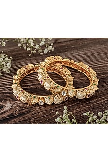 Gold Finish Multi-Colored-Stone Floral Bangles (Set Of 2)