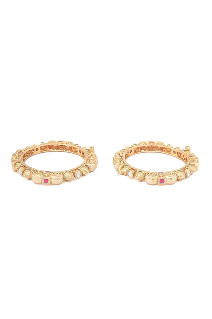 Gold Finish Multi-Colored-Stone Floral Bangles (Set Of 2)