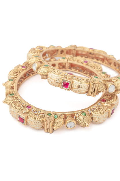Gold Finish Multi-Colored-Stone Floral Bangles (Set Of 2)