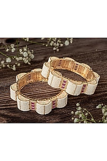 Gold Finish Pink Stones & White Beaded Bangles (Set Of 2)