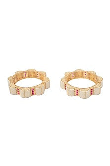 Gold Finish Pink Stones & White Beaded Bangles (Set Of 2)