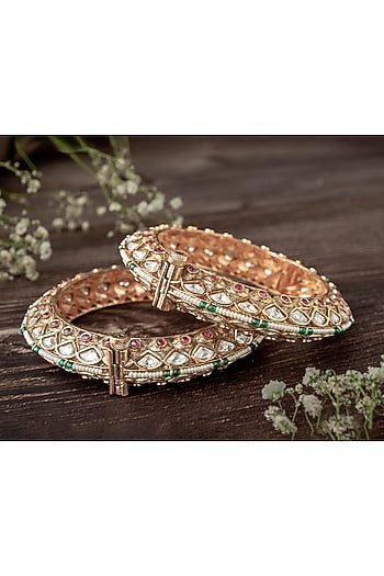Gold Finish White Tear-Drop Shaped Stone Enameled Bangles (Set Of 2)