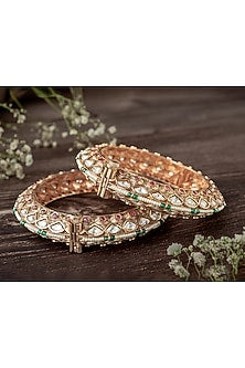 Gold Finish White Tear-Drop Shaped Stone Enameled Bangles (Set Of 2)