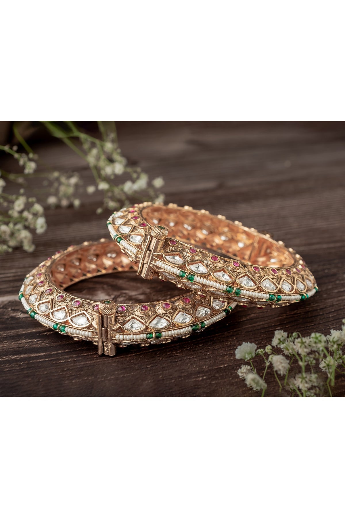 Gold Finish White Tear-Drop Shaped Stone Enameled Bangles (Set Of 2)