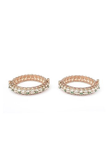 Gold Finish White Tear-Drop Shaped Stone Enameled Bangles (Set Of 2)