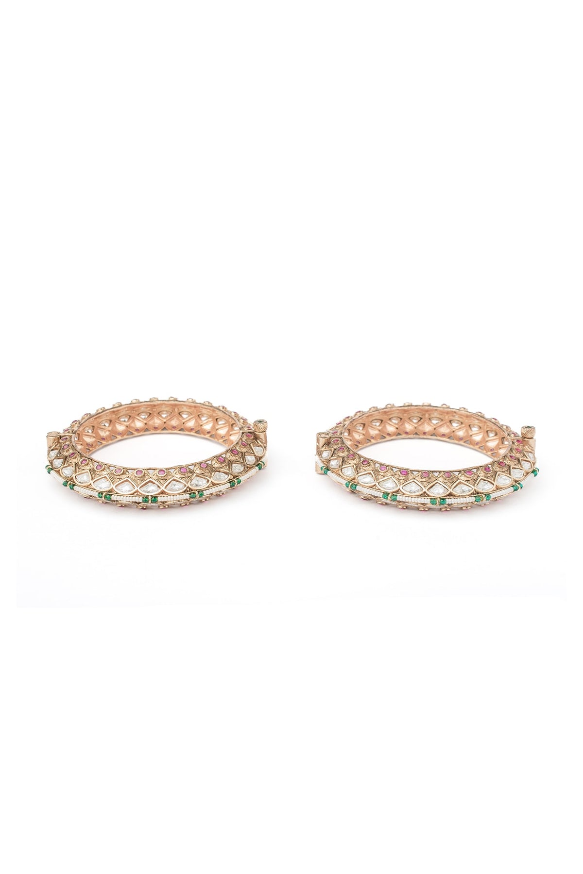 Gold Finish White Tear-Drop Shaped Stone Enameled Bangles (Set Of 2)