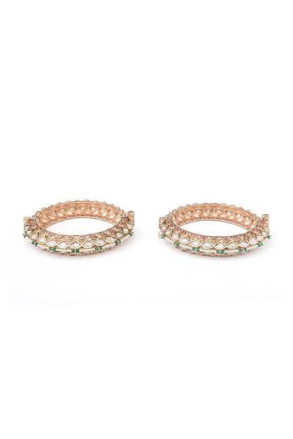 Gold Finish White Tear-Drop Shaped Stone Enameled Bangles (Set Of 2)