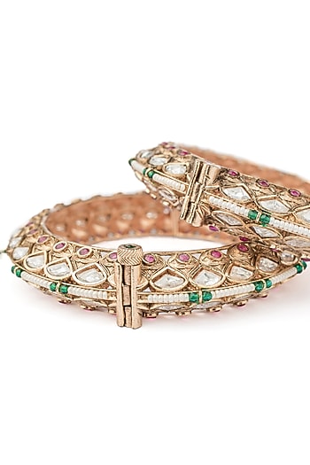 Gold Finish White Tear-Drop Shaped Stone Enameled Bangles (Set Of 2)
